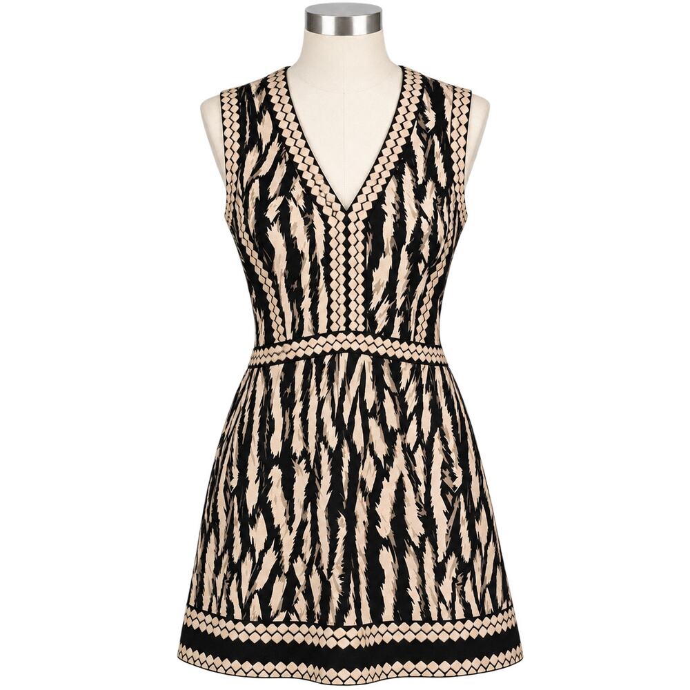 BCBGMAXAZRIA Bridgit Black/Ivory Animal Print V-Neck Tunic Mini Dress - Size L